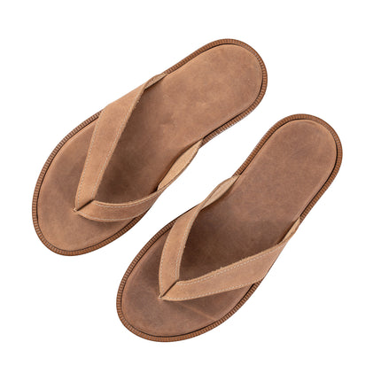 Antonatos.shop Artemios sandy brown nubuck leather flip-flops with contrast topstitching and cushioned soles.