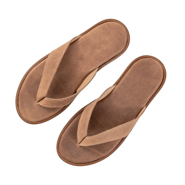 Antonatos.shop Artemios sandy brown nubuck leather flip-flops with contrast topstitching and cushioned soles.